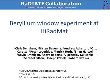 Beryllium window experiment at HiRadMat 1 Chris Densham, 1 Tristan Davenne, 1 Andrew Atherton, 1 Otto Caretta, 1 Peter Loveridge, 2 Patrick Hurh, 2 Brian.