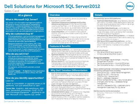 Dell Solutions for Microsoft SQL Server2012 Sales Card Confidential: For internal Dell use only At a glance What is Microsoft SQL Server? SQL Server is.