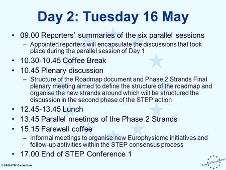 © 2006 STEP Consortium Day 2: Tuesday 16 May 09.00 Reporters’ summaries of the six parallel sessions –Appointed reporters will encapsulate the discussions.