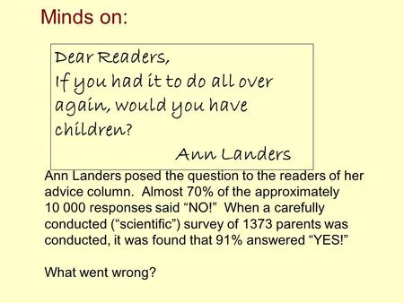 Dear Readers, If you had it to do all over again, would you have children? Ann Landers Ann Landers posed the question to the readers of her advice column.