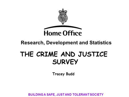 THE CRIME AND JUSTICE SURVEY Research, Development and Statistics BUILDING A SAFE, JUST AND TOLERANT SOCIETY Tracey Budd.