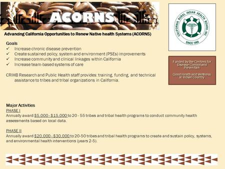 Funded by the Centers for Disease Control and Prevention Good Heath and Wellness in Indian Country Major Activities PHASE I Annually award $5,000 - $15,000.