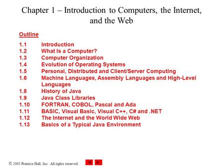  2003 Prentice Hall, Inc. All rights reserved. Chapter 1 – Introduction to Computers, the Internet, and the Web Outline 1.1 Introduction 1.2 What Is a.