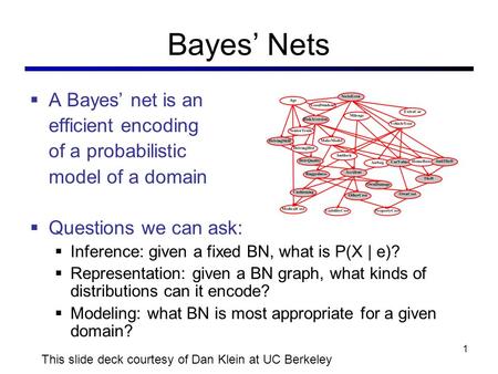 Bayes’ Nets  A Bayes’ net is an efficient encoding of a probabilistic model of a domain  Questions we can ask:  Inference: given a fixed BN, what is.