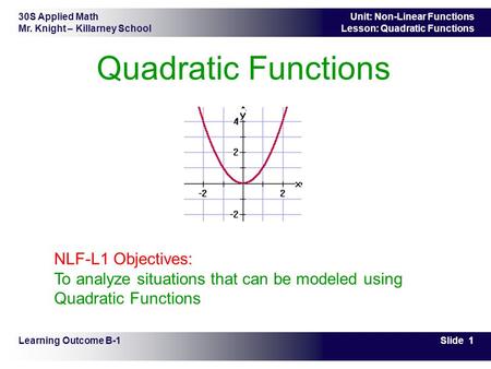 30S Applied Math Mr. Knight – Killarney School Slide 1 Unit: Non-Linear Functions Lesson: Quadratic Functions Quadratic Functions Learning Outcome B-1.