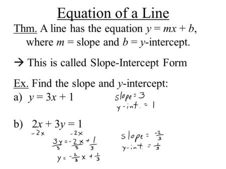Equation of a Line Thm. A line has the equation y = mx + b, where m = slope and b = y-intercept.  This is called Slope-Intercept Form Ex. Find the slope.