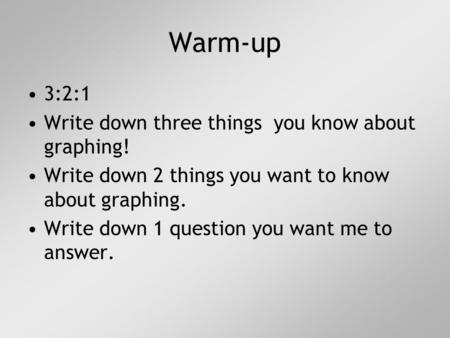 Warm-up 3:2:1 Write down three things you know about graphing!