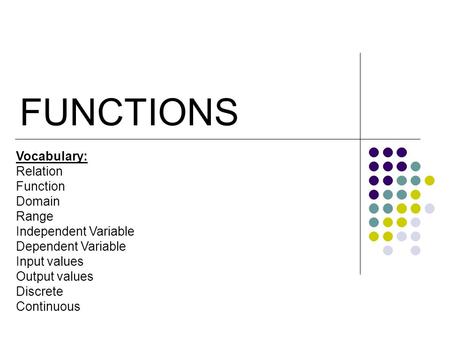 FUNCTIONS Vocabulary: Relation Function Domain Range