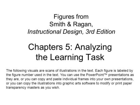 Figures from Smith & Ragan, Instructional Design, 3rd Edition Chapters 5: Analyzing the Learning Task The following visuals are scans of illustrations.
