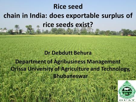 Rice seed chain in India: does exportable surplus of rice seeds exist? Dr Debdutt Behura Department of Agribusiness Management Orissa University of Agriculture.