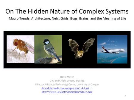 On The Hidden Nature of Complex Systems Macro Trends, Architecture, Nets, Grids, Bugs, Brains, and the Meaning of Life David Meyer CTO and Chief Scientist,