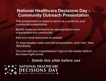 National Healthcare Decisions Day - Community Outreach Presentation This presentation is meant to serve as a guide for your community presentation Modify.