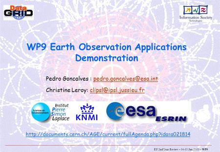 EU 2nd Year Review – 04-05 Jan. 2003 – WP9 WP9 Earth Observation Applications Demonstration Pedro Goncalves :
