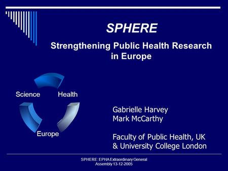 SPHERE: EPHA Extraordinary General Assembly 13-12-2005 SPHERE Strengthening Public Health Research in Europe Science Europe Health Gabrielle Harvey Mark.