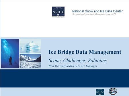 Ice Bridge Data Management Scope, Challenges, Solutions Ron Weaver, NSIDC DAAC Manager National Snow and Ice Data Center Supporting Cryospheric Research.