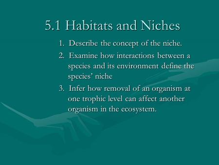 5.1 Habitats and Niches 1. Describe the concept of the niche. 2. Examine how interactions between a species and its environment define the species’ niche.