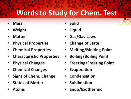 Words to Study for Chem. Test