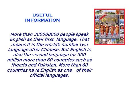USEFUL INFORMATION More than 300000000 people speak English as their first  language. That means it is the world’s number two language after Chinese. But.