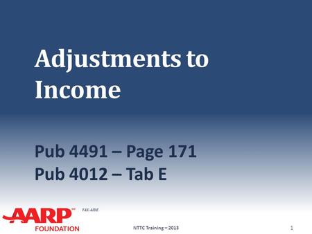 TAX-AIDE Adjustments to Income Pub 4491 – Page 171 Pub 4012 – Tab E NTTC Training – 2013 1.