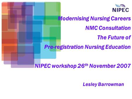 Modernising Nursing Careers NMC Consultation The Future of Pre-registration Nursing Education NIPEC workshop 26 th November 2007 Lesley Barrowman.