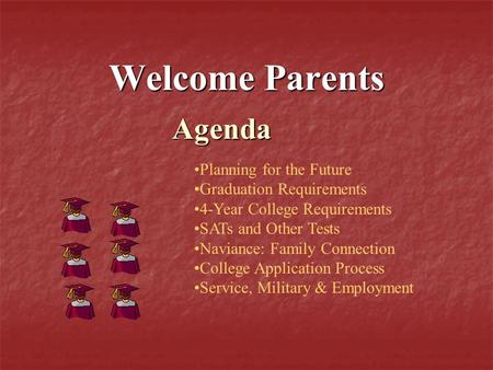 Welcome Parents Agenda Planning for the Future Graduation Requirements 4-Year College Requirements SATs and Other Tests Naviance: Family Connection College.