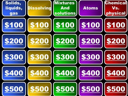 Solids, liquids, gas Dissolving Mixtures And solutions Atoms Chemical Vs. physical $100 $500 $400 $300 $200.
