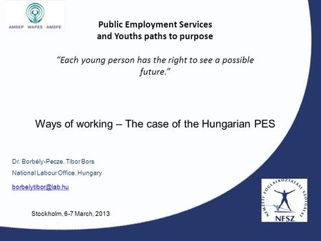 Public Employment Services and Youths paths to purpose “Each young person has the right to see a possible future.” Dr. Borbély-Pecze, Tibor Bors National.