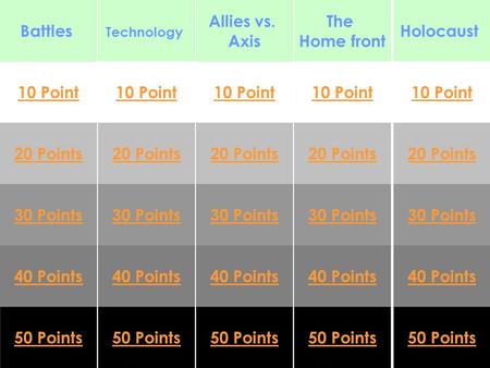 Technology The Home front Holocaust 10 Point 20 Points 30 Points 40 Points 50 Points 10 Point 20 Points 30 Points 40 Points 50 Points 30 Points 40 Points.