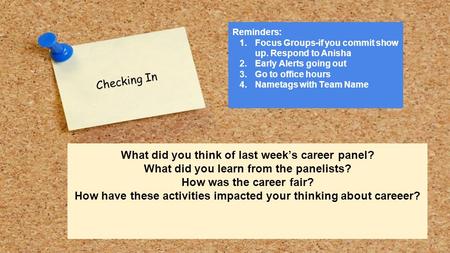 Checking In What did you think of last week’s career panel? What did you learn from the panelists? How was the career fair? How have these activities impacted.