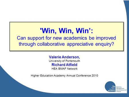 'Win, Win, Win’: Can support for new academics be improved through collaborative appreciative enquiry? Valerie Anderson, University of Portsmouth Richard.