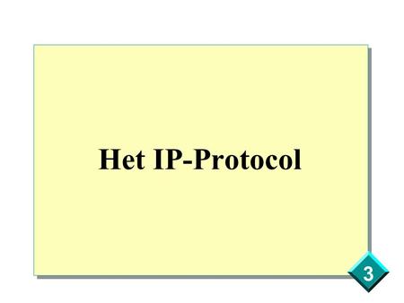 3 Het IP-Protocol. 3 IP-protocol Services Routing Multiple client protocols Datagram delivery Independant from the Network Interface Layer Fragmentation.