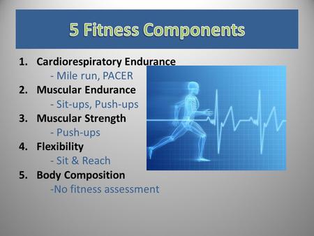 1.Cardiorespiratory Endurance - Mile run, PACER 2.Muscular Endurance - Sit-ups, Push-ups 3.Muscular Strength - Push-ups 4.Flexibility - Sit & Reach 5.Body.