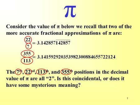 1 π Consider the value of π below we recall that two of the more accurate fractional approximations of π are: The 7 th, 22 nd, 113 th, and 355 th positions.