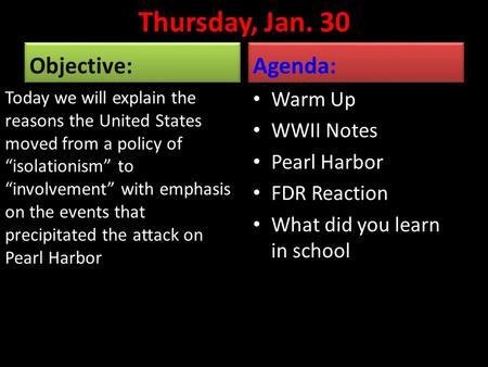 Thursday, Jan. 30 Objective: Today we will explain the reasons the United States moved from a policy of “isolationism” to “involvement” with emphasis on.