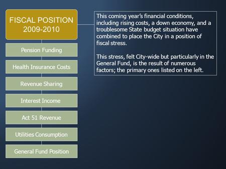FISCAL POSITION 2009-2010 This coming year’s financial conditions, including rising costs, a down economy, and a troublesome State budget situation have.
