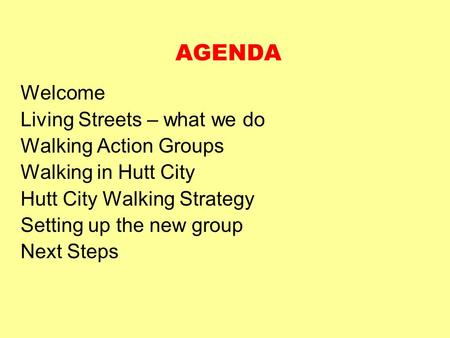 AGENDA Welcome Living Streets – what we do Walking Action Groups Walking in Hutt City Hutt City Walking Strategy Setting up the new group Next Steps.