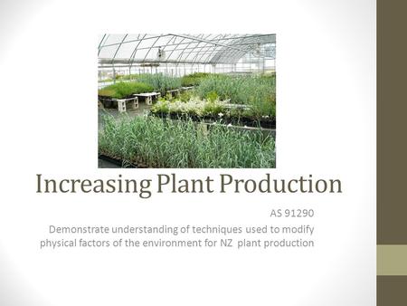 Increasing Plant Production AS 91290 Demonstrate understanding of techniques used to modify physical factors of the environment for NZ plant production.