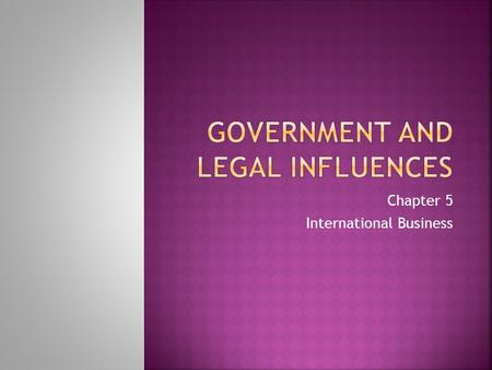 Chapter 5 International Business.  Government and International Business  Government policies and regulations affect all aspects of importing and exporting.