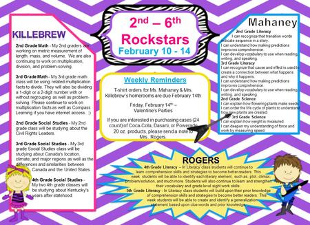 2 nd – 6 th Rockstars February 10 - 14 Weekly Reminders 4th Grade Literacy – In Literacy class students will continue to learn comprehension skills and.