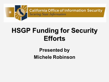 HSGP Funding for Security Efforts Presented by Michele Robinson.