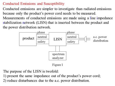 Conducted Emissions and Susceptibility Conducted emissions are simpler to investigate than radiated emissions because only the product’s power cord needs.