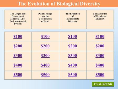 $100 $200 $300 $400 $500 $100$100$100 $200 $300 $400 $500 The Origin and Evolution of Microbial Life: Prokaryotes and Protists FINAL ROUND Plants, Fungi,