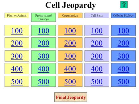 Cell Jeopardy 100 200 300 400 500 100 200 300 400 500 100 200 300 400 500 100 200 300 400 500 100 200 300 400 500 Plant or AnimalProkarya and Eukarya.