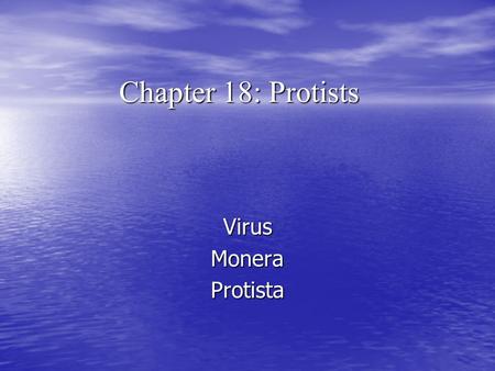 Chapter 18: Protists VirusMoneraProtista. Taxonomic thinking Animals Plants Fungi Protists Monera.