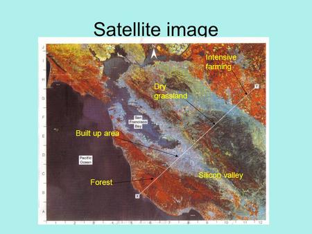 Satellite image Built up area Dry grassland Intensive farming Forest Silicon valley.