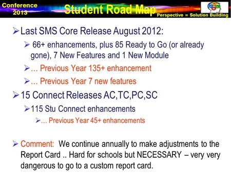 Last SMS Core Release August 2012:  66+ enhancements, plus 85 Ready to Go (or already gone), 7 New Features and 1 New Module  … Previous Year 135+