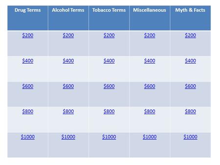Drug TermsAlcohol TermsTobacco TermsMiscellaneousMyth & Facts $200 $400 $600 $800 $1000.