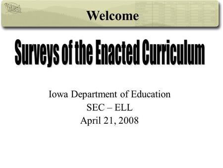 Iowa Department of Education SEC – ELL April 21, 2008 Welcome.