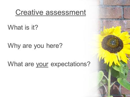 Creative assessment What is it? Why are you here? What are your expectations?