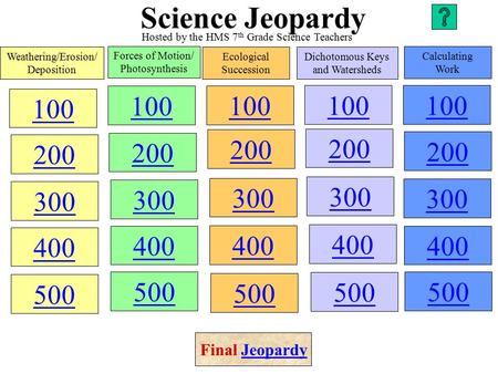 Science Jeopardy 100 200 300 400 500 100 200 300 400 500 100 200 300 400 500 100 200 300 400 500 Weathering/Erosion/ Deposition Forces of Motion/ Photosynthesis.